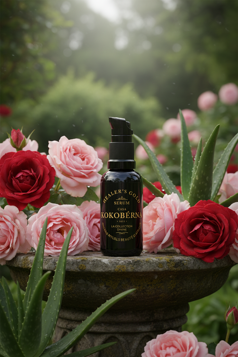 A black pump bottle with a label reading 'HEALER'S GOLD Serum - KOKOBERNA'.