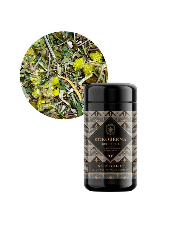 Can I help clear your skin and nourish your gut? Our SKIN GOLD™ Prebiotic Luminescence™ Herbal Tisane promotes natural skin glow from the inside out. organic traditional medicinal herbal teas tea clear skin detox collagen silica gut health natural glow immunity wellness kokoberna